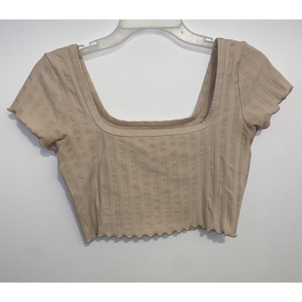 OFFLINE by Aerie OG Original Tan Ribbed Square Neck Lettuce Edge Crop Top Small